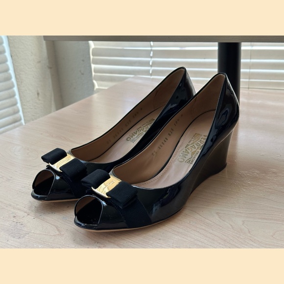 Salvatore Ferragamo Shoes - Salvatore Ferragamo Sissi Wedges Black Patent 10.5B